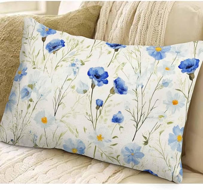 EKOBLA Watercolor Flowers Decorative Pillow Case Throw Pillow Covers Blue - Image 3