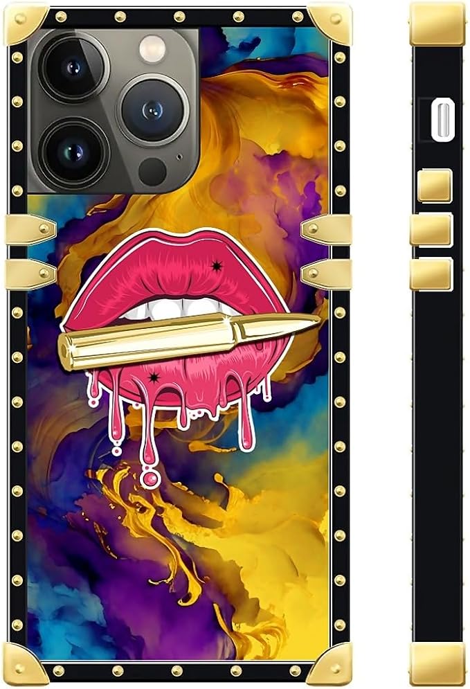 Compatible with iPhone 15 Pro Case, Cool Corlorful Lip Marble Luxury Golden - Image 3