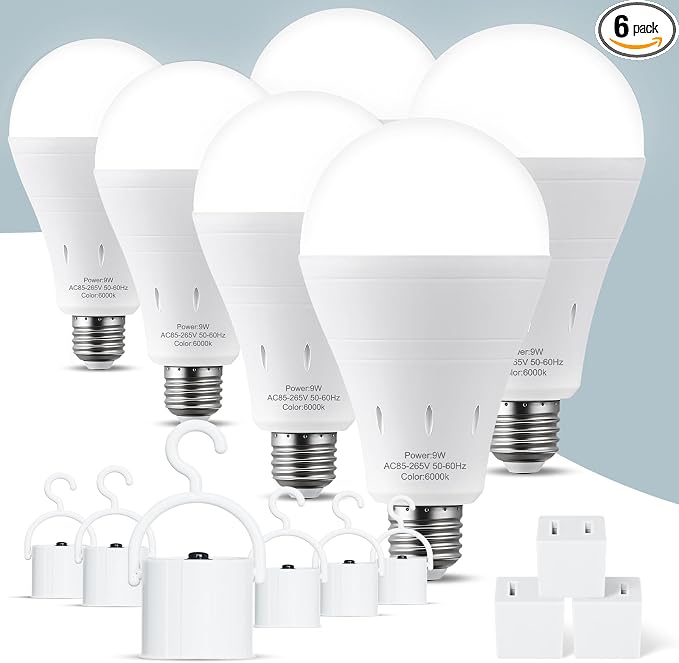 6Pack Rechargeable Emergency Light Bulb, A19 9W Daylight 6000K Self-Charging by ALUOCYI