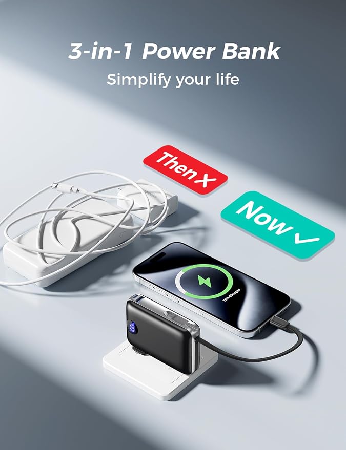 Portable Charger with Built-in Cables & Wall Plug, 10000mAh Power Bank - Image 3