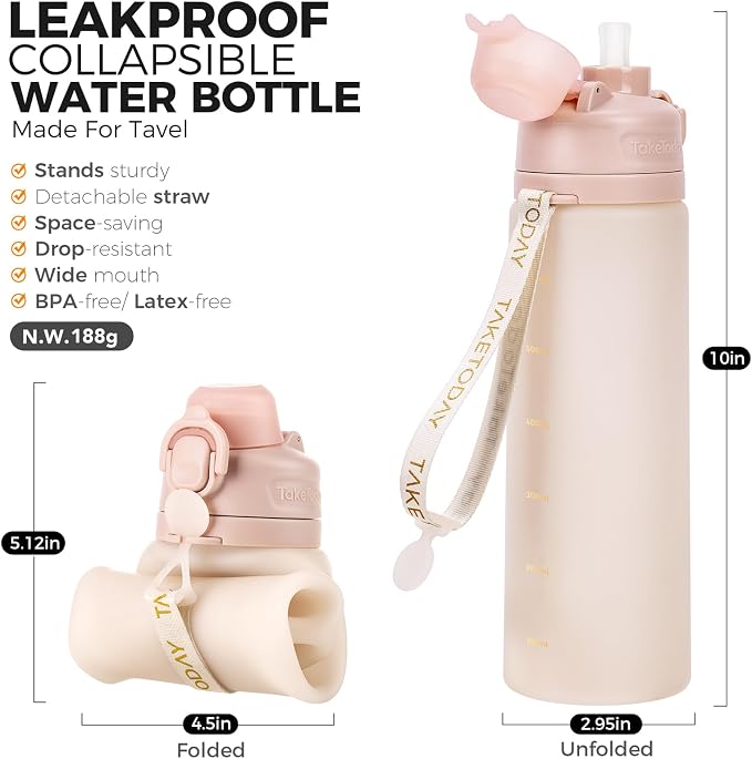 TakeToday Collapsible Water Bottles 21oz, Foldable Platinum Silicone Travel - Image 2