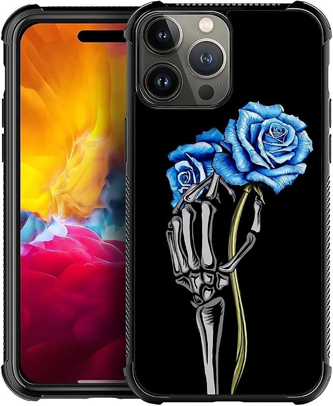 for iPhone 15 Pro Case, Skeleton Holding Blue Rose Pattern Graphic Design Girl by FKBRCL4U