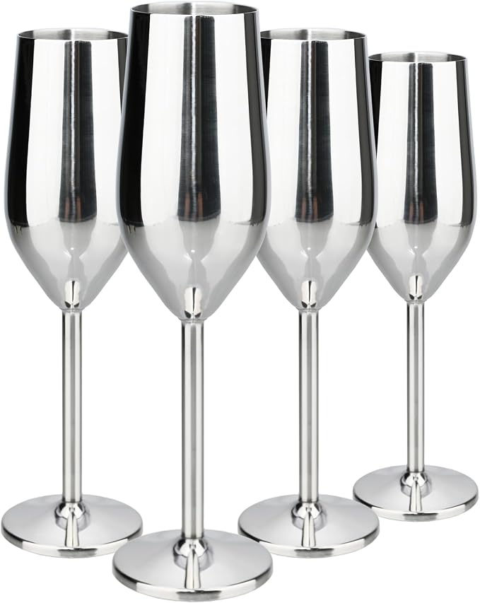 TJ Unbreakable 8 Oz Stainless Steel Champagne Flutes- Silver Champagne Glasses by TJ