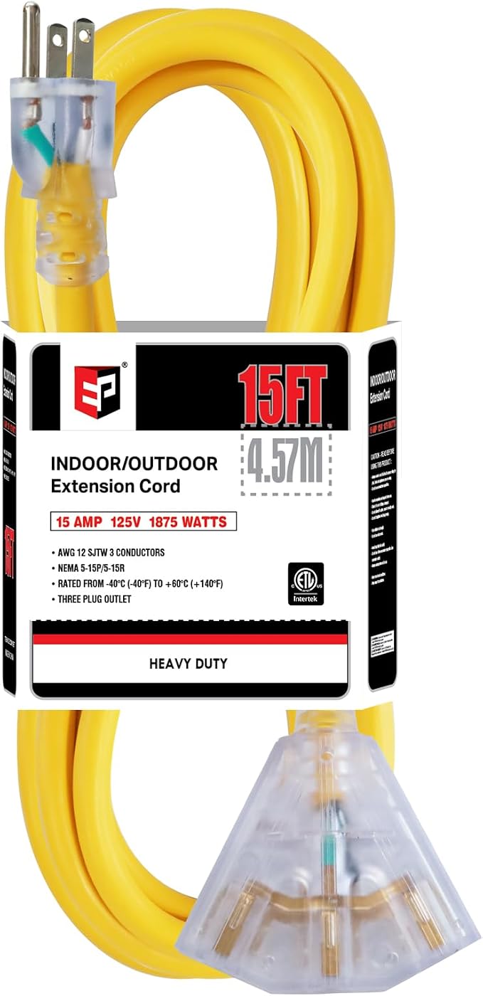 EP 15 Ft 12 Gauge Heavy Duty Extension Cord, 15A 125V 1875W, 3 Outlet by ENERGYPRO