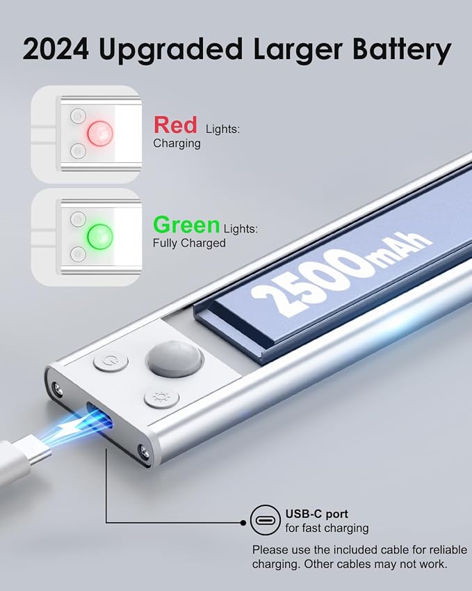 12in Under Cabinet Lighting Wireless, 2500mAh Rechargeable Motion Sensor Lights - Image 5