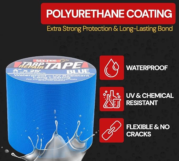 Mytee Products 4" x25' Blue Vinyl Tarp Repair Tape Kit – Heavy Duty 8.8oz Peel - Image 2