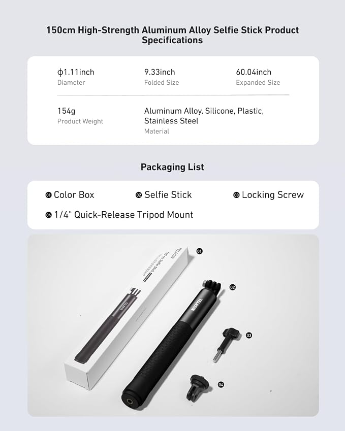 TELESIN 60" Selfie Stick for GoPro, Portable Extended Vlog Invisible Pole for - Image 7