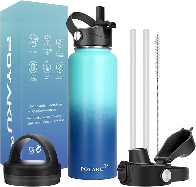 Water Bottle Insulated 32oz 40oz 64oz 128oz Straw Lid Spout Lid & 3 Lids by POYAKU
