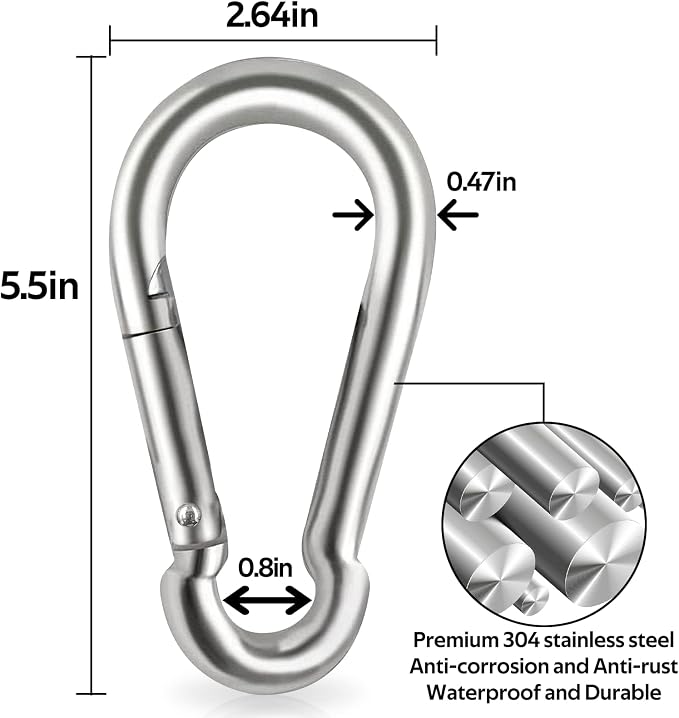 Locking Carabiner Clips, Stainless Steel Spring Snap Hook Locking Carabiner - Image 2