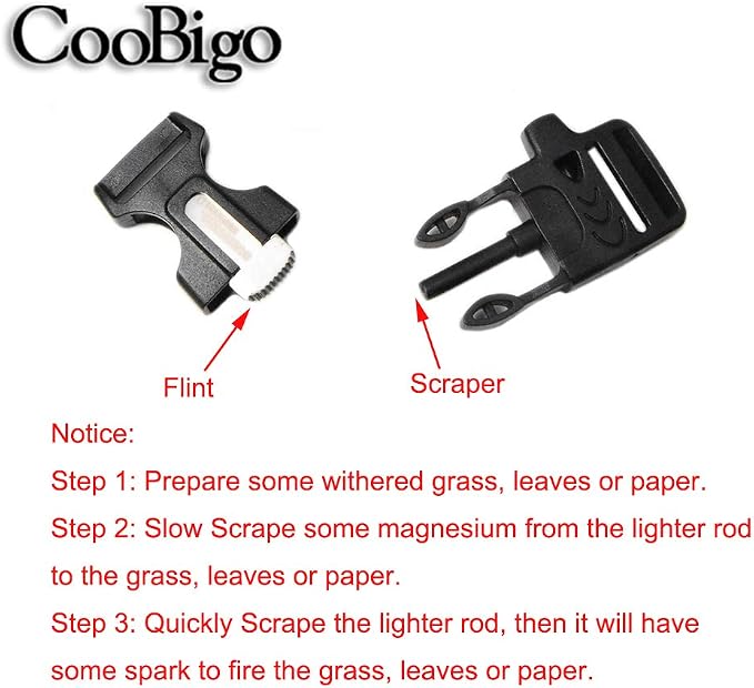 CooBigo 10Pack 3/4" Fire Starter Survival Whistle Buckle Flint Scraper - Image 4