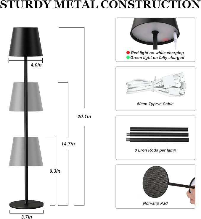 Kakanuo 20" Cordless Table Lamp Rechargeable Black - Image 2