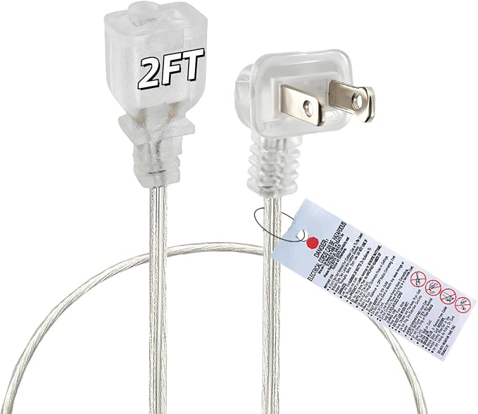 Clear Extension Cord 2FT, Short Indoor 2 Prong Extension Cord by Yeatel