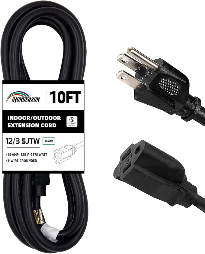 Indoor Outdoor Extension Cord Weatherproof, UL Certified, 12 Gauge 10FT Black 3 by HONDERSON