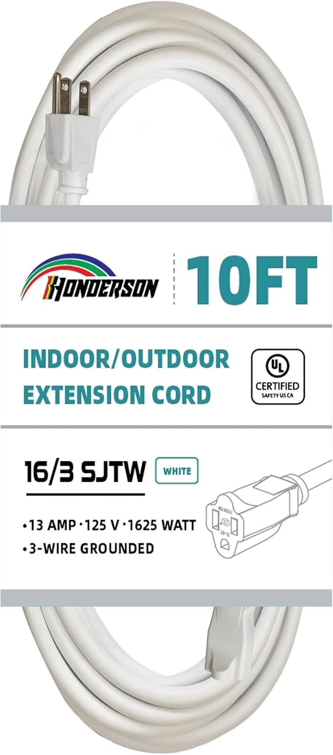 Indoor Outdoor Extension Cord Weatherproof, UL Certified, 16 Gauge 10FT White 3 by HONDERSON