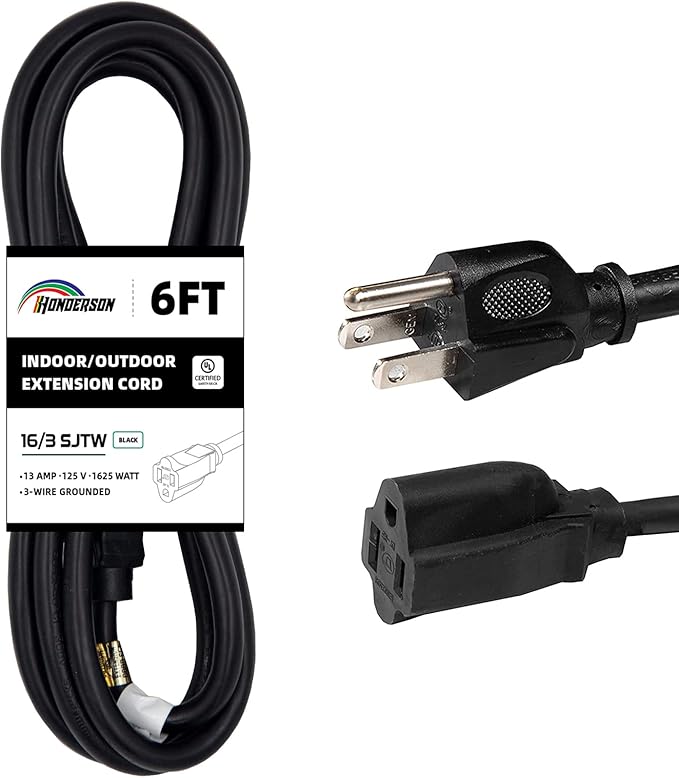 6FT Outdoor Extension Cord-16/3 SJTW Durable Black, 3 Prong Grounded Plug Power by HONDERSON