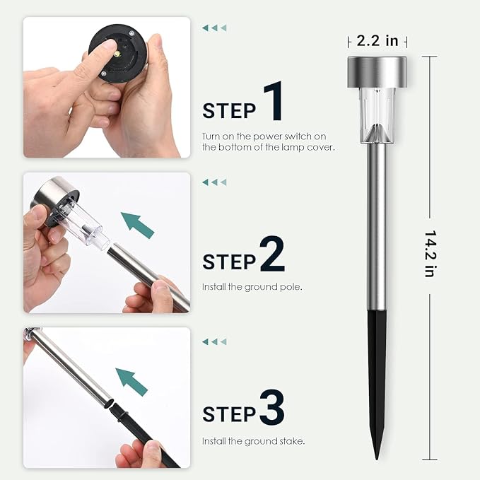 GIGALUMI Solar Lights Outdoor Waterproof, 12 Pack, Stainless Steel LED Solar - Image 6