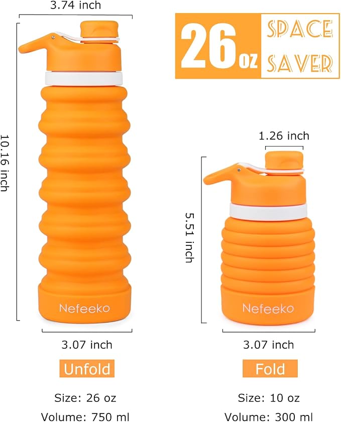 Nefeeko Collapsible Water Bottle, 26oz Silicone Foldable Water Bottles - Image 2