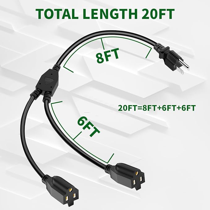 2 Way Power Extension Cord Splitter 20 Ft Total-3 Prong 1 to 2 Extension Cord - Image 2