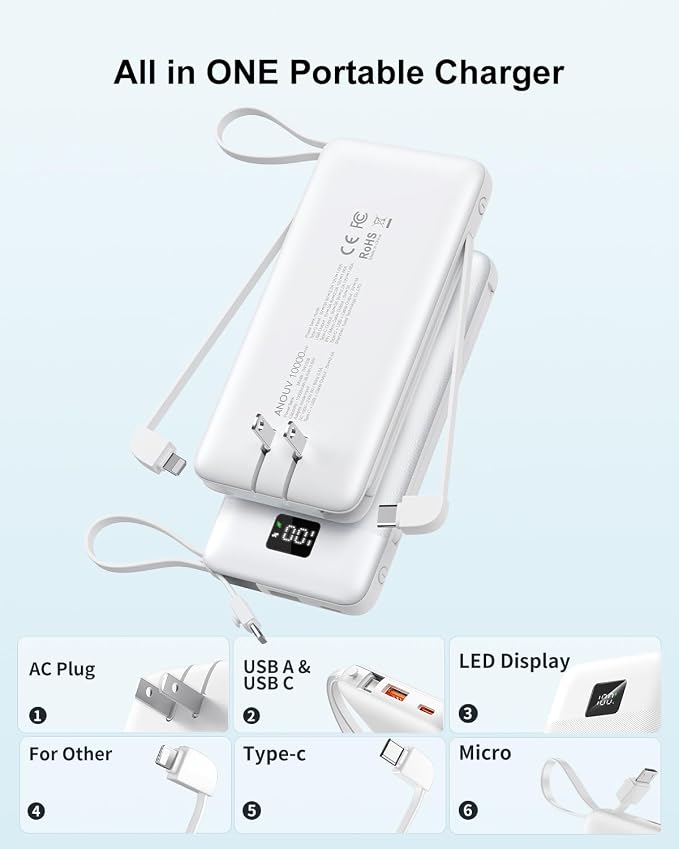 Portable Charger Built-in Cables and AC Wall Plug, 10000mAh 22.5W PD Fast - Image 2