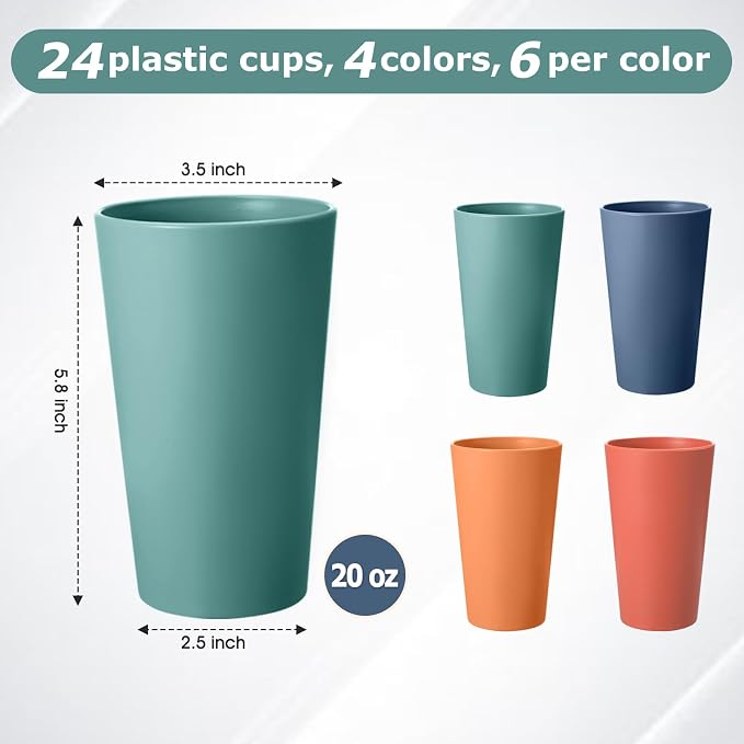 24 Pcs Unbreakable Plastic Cups Set, 20 oz Reusable Plastic Cups, Stackable - Image 2