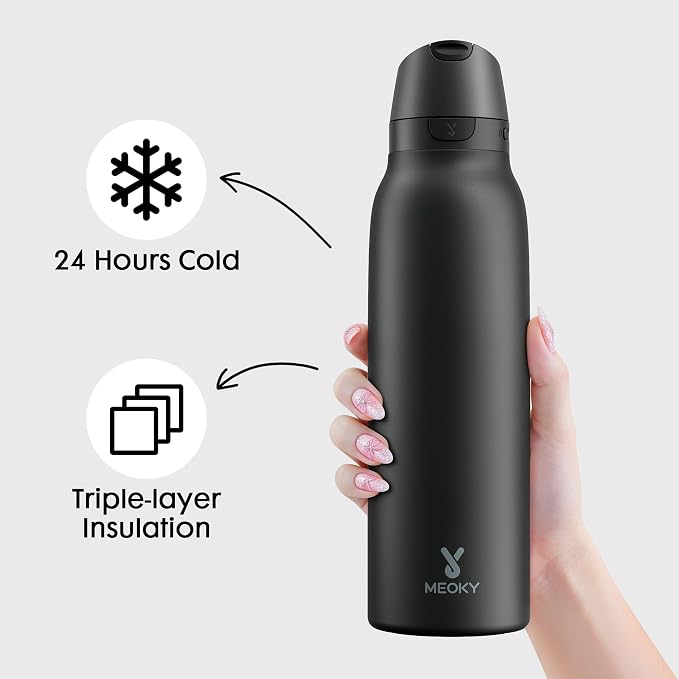 Meoky 24 oz Slim Insulated Water Bottle: Leak Proof Locking Lid, 2-in-1 Straw - Image 2