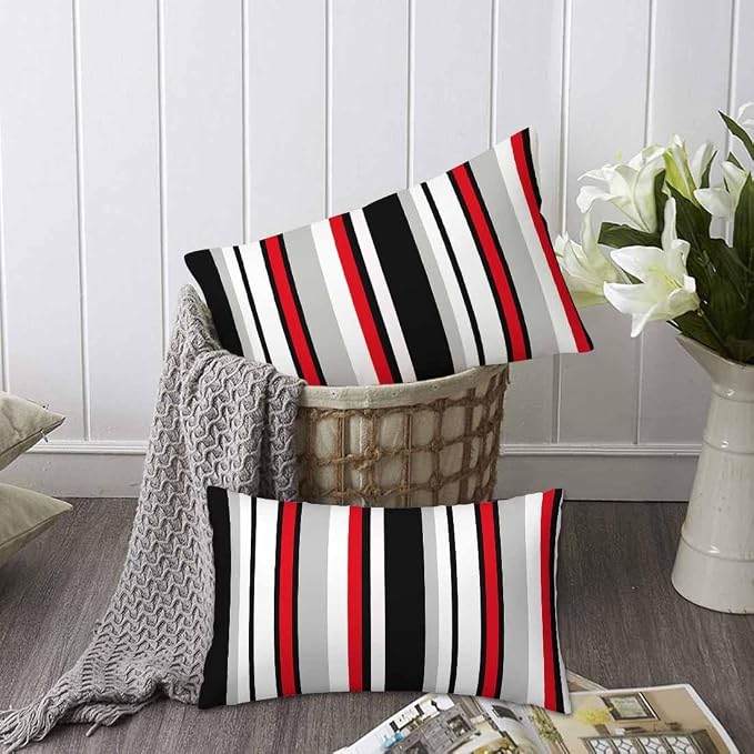 Vertical Lines Striped Pillow Covers 12 X 20 Black White Grey Red Watercolor - Image 6