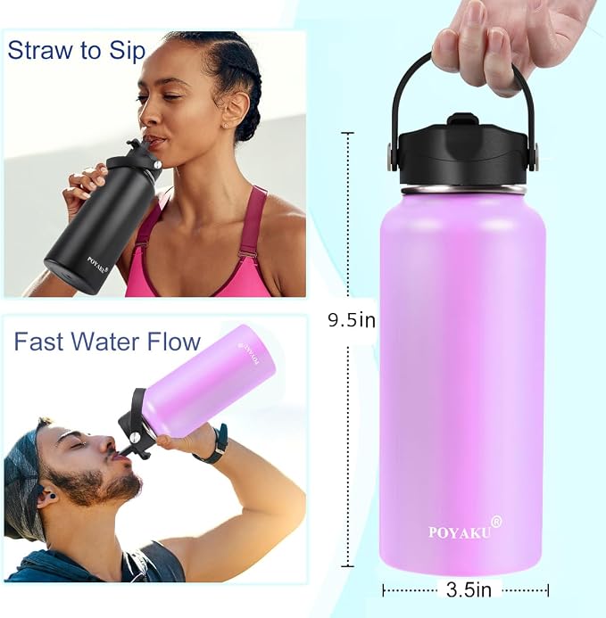 Water Bottle Insulated 32oz 40oz 64oz 128oz Straw Lid Spout Lid & 3 Lids - Image 3