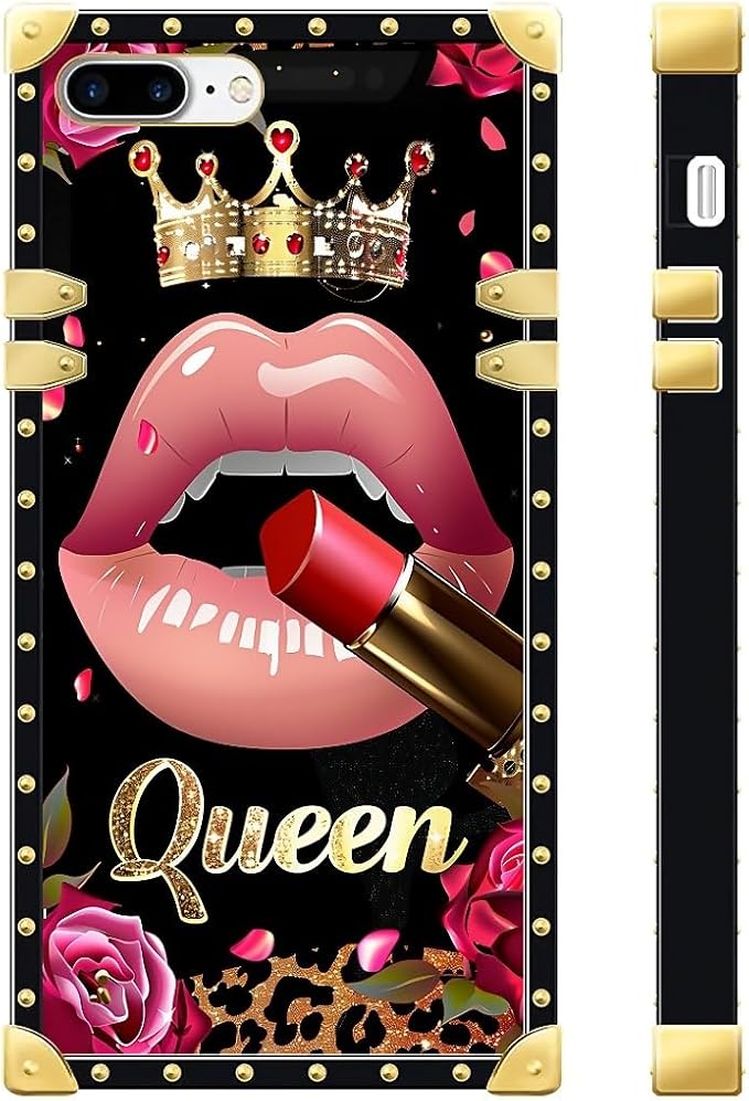 Compatible with iPhone 8 7 SE Case, Glitter Red Rose Queen Leopard Lipstick - Image 2
