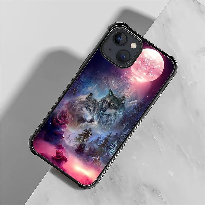 for iPhone 15 Case, Star Two Wolfs Howling Pattern Graphic Design Girl Boy Soft - Image 3