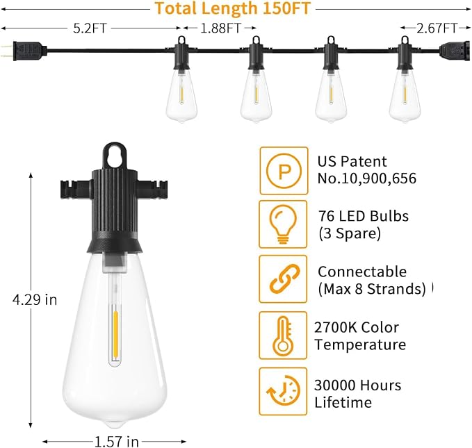 ZOTOYI Outdoor String Lights 150 FT, Waterproof IP65 Outdoor Lights - Image 3