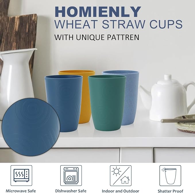 Homienly Wheat Straw Cups Set Unbreakable Drinking Glasses & Reusable Plastic - Image 3