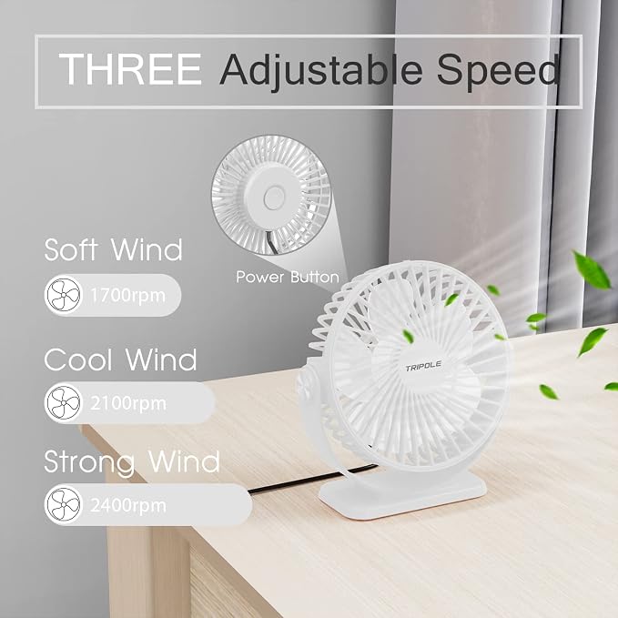 TriPole Small Desk Fan USB Powered Personal Fan 3 Speeds Strong Airflow Mini - Image 4