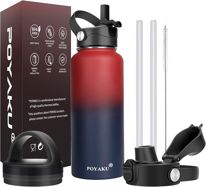 Water Bottle Insulated 32oz 40oz 64oz 128oz Straw Lid Spout Lid & 3 Lids by POYAKU