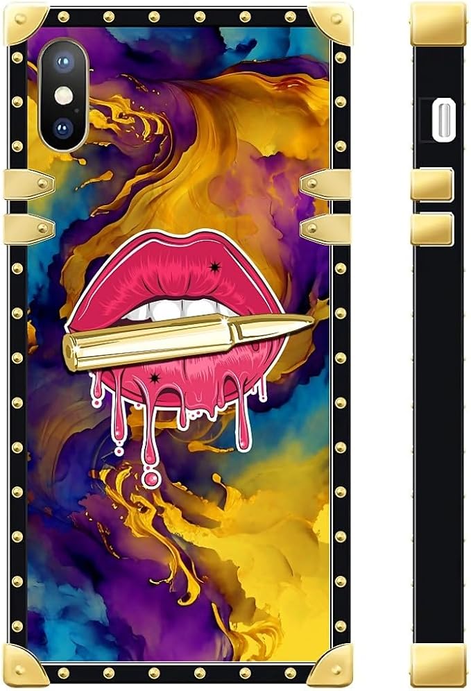 Compatible with iPhone XR Case, Cool Corlorful Lip Marble Luxury Golden - Image 3