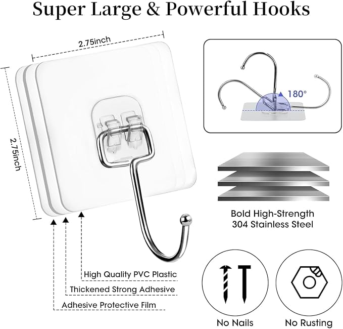 20 PCS Heavy Duty Adhesive Hooks, 33 lb Load - Image 2