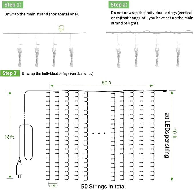 Solhice LED Curtain Lights Outdoor 50ft x10ft, 1000 LED Plug in Hanging String - Image 7