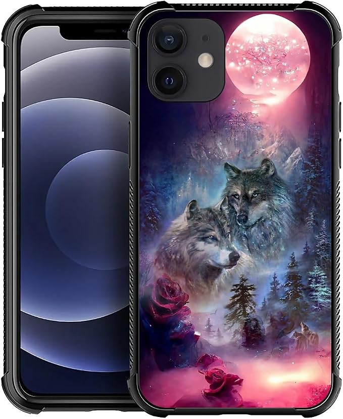 for iPhone 12/12 Pro Case, Star Two Wolfs Howling Pattern Graphic Design Girl by FKBRCL4U