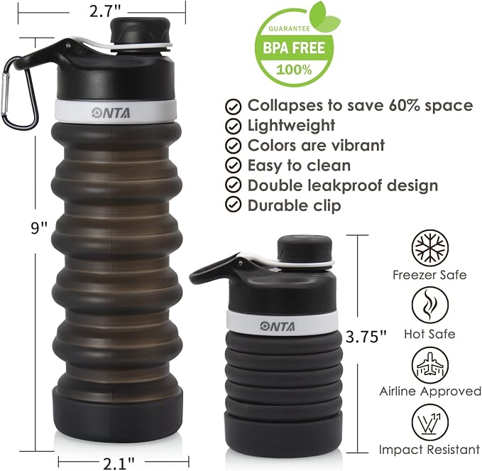 ONTA Collapsible BPA Free Silicone Water Bottle, 20oz - Image 3