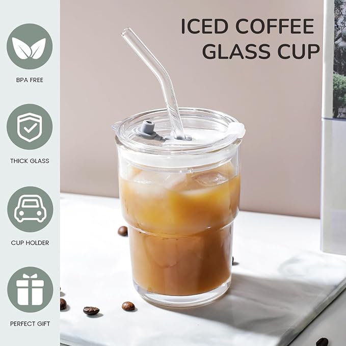 2PCS Glass Cups With Lids And Straws, Iced Coffee Cup, 15Oz/450ml Iced Coffee - Image 3