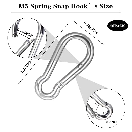 40 PCS 2'' Spring Snap Hook Carabiner, M5 3/16 Inch Galvanized Silver Steel - Image 2
