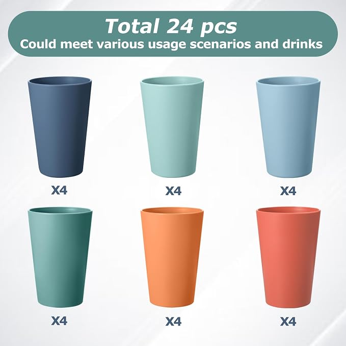 24 Pcs Unbreakable Plastic Cups Set, 14 oz Reusable Plastic Cups, Stackable - Image 3