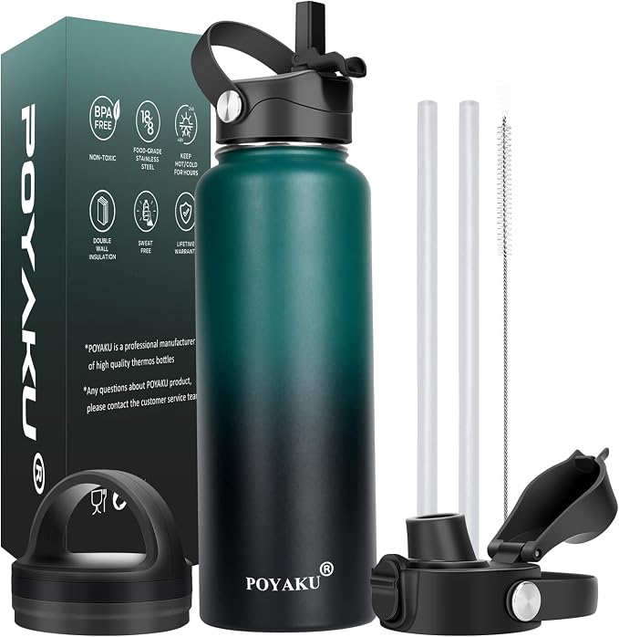 Water Bottle Insulated 32oz 40oz 64oz 128oz Straw Lid Spout Lid & 3 Lids by POYAKU