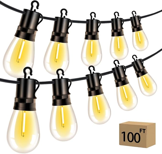 Outdoor Patio String Lights 100ft: S14 LED Shatterproof Bulbs 3 Modes Button by Vozuji