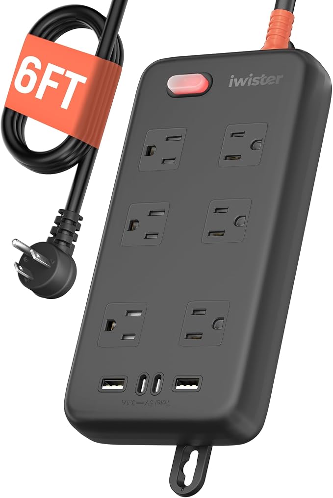 Outdoor Power Strip Waterproof IPX6, 6 Ft Extension Cord, 6 Wide Outlets & 4 by Iwister