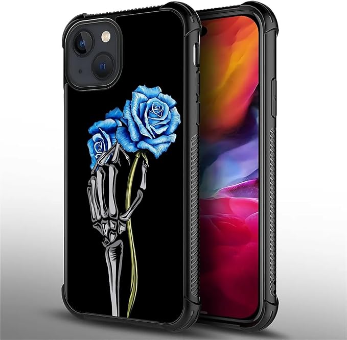 for iPhone 15 Case, Skeleton Holding Blue Rose Pattern Graphic Design Girl Boy - Image 4