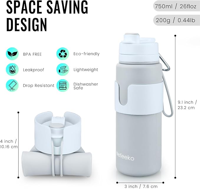 Nefeeko Collapsible Water Bottle, BPA Free 26oz Foldable Water Bottle - Image 2