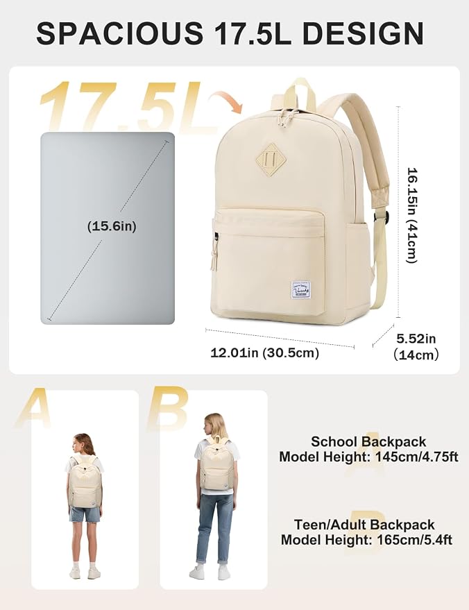 VASCHY Lightweight Backpack for School, Water Resistant Classic Bookbag - Image 2