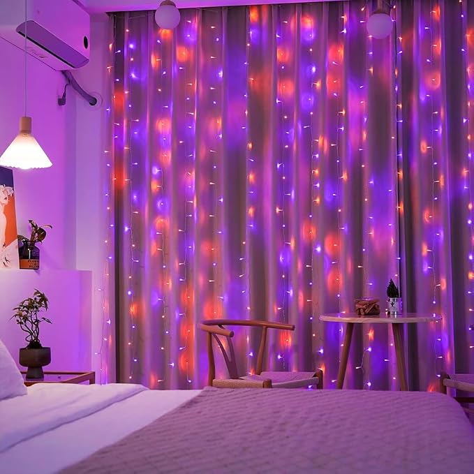 JMEXSUSS 300LED Orange and Purple Halloween Curtain Lights - Image 7