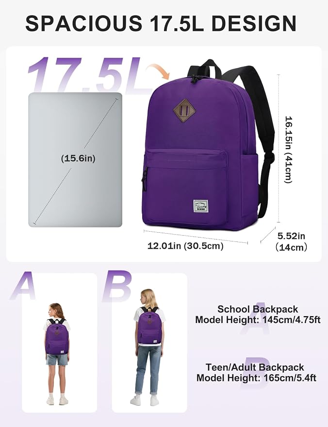 VASCHY Lightweight Backpack for School, Classic Basic Water Resistant Casual - Image 2