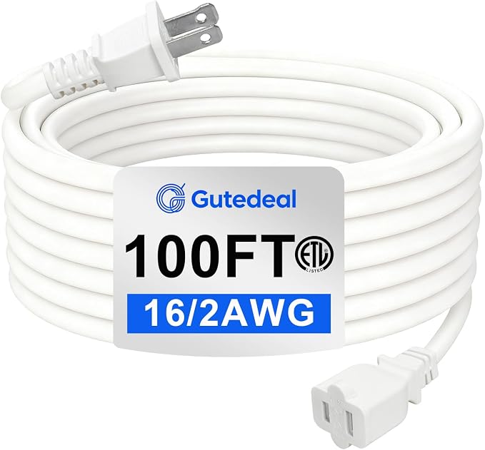 White Outdoor Waterproof 2 Prong Extension Cord 100 FT Heavy Duty ETL Listed by Gutedeal